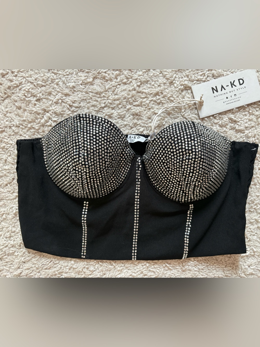 NA-KD Black Crystal-Embellished Strapless Crop Top